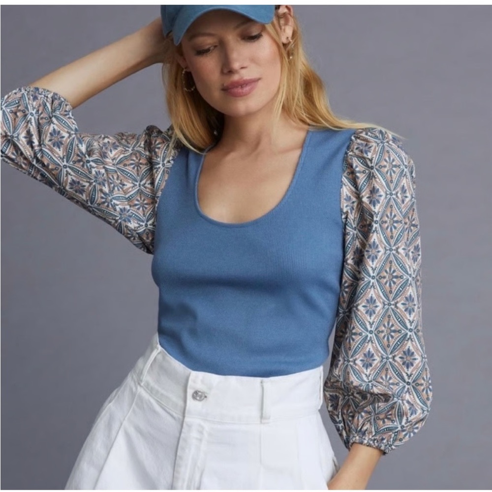 Anthropologie Blue and Patterned Sleeve Blouse